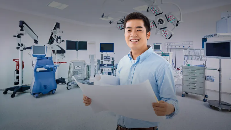 engenheiro em um centro cirúrgico trabalhando em um projeto de equipagem médica