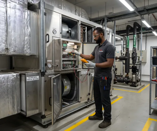 técnico da Engeclinic realizando a inspeção em sistema de refrigeração hospitalar