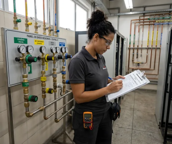 técnica da Engeclinic realizando a inspeção em ume rede de gases hospitalar