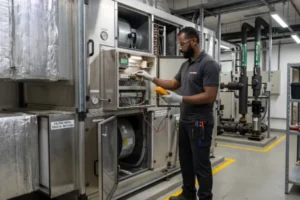 técnico da Engeclinic realizando a inspeção em sistema de refrigeração hospitalar técnico da Engeclinic realizando a inspeção em sistema de refrigeração hospitalar
